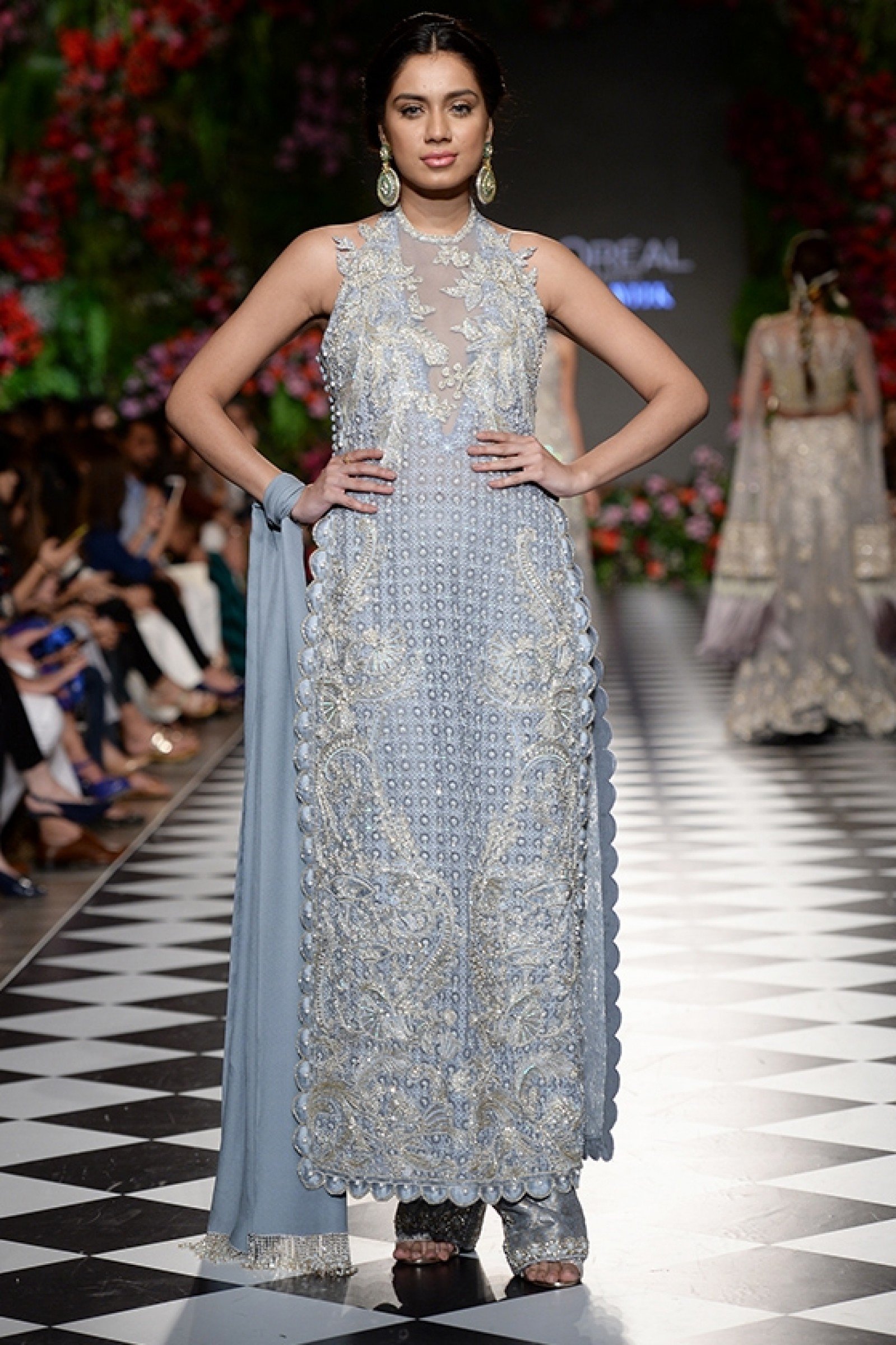 Pakistani Mauve-Blue Embroidered Georgette Halter Salwar Kameez (3-Piece) - Image 1