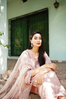 Pakistani Chai Pink Embroidered Georgette Chiffon Salwar Kameez (3-Piece) - Image 1