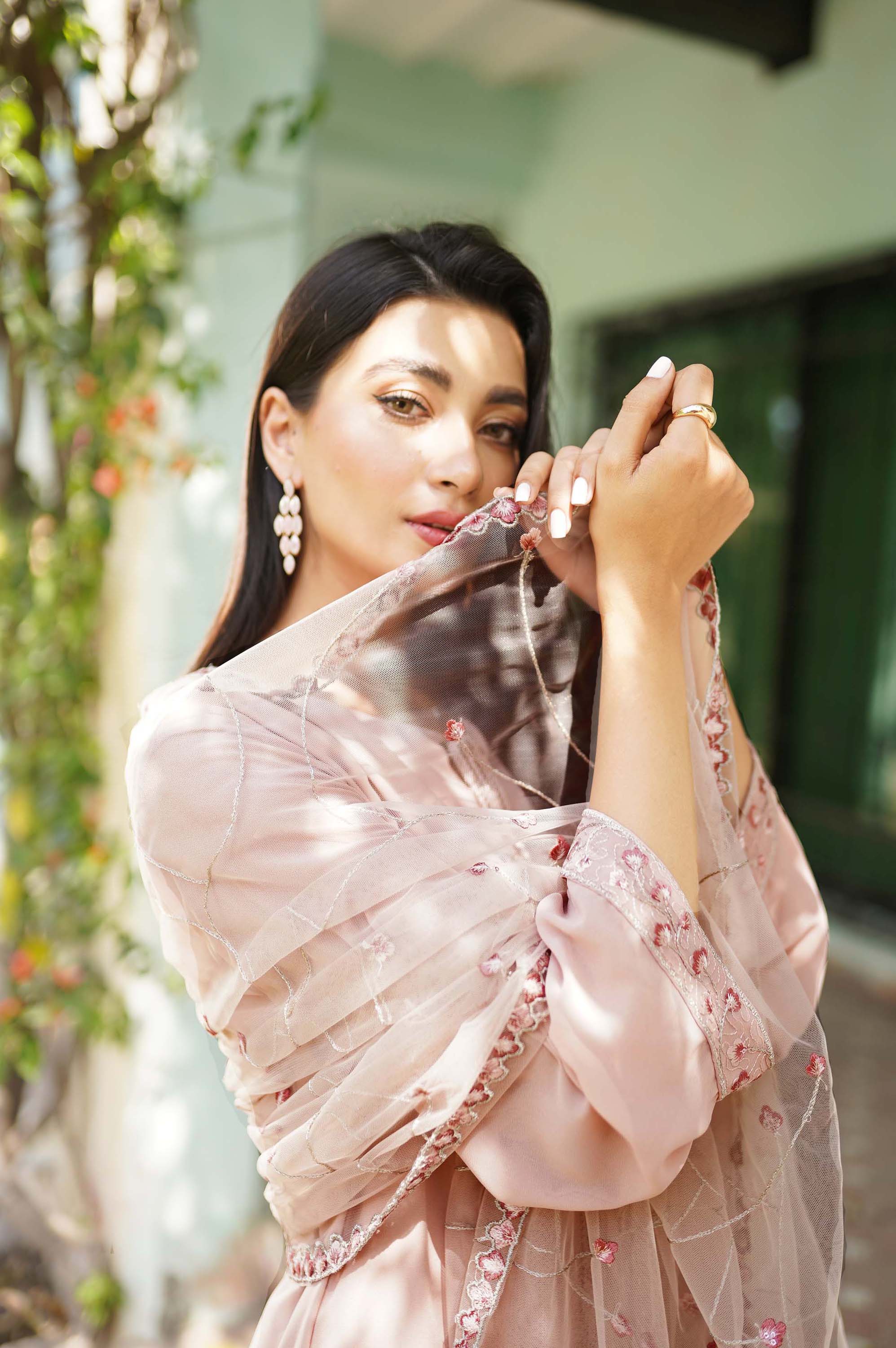 Pakistani Chai Pink Embroidered Georgette Chiffon Salwar Kameez (3-Piece) - Image 4