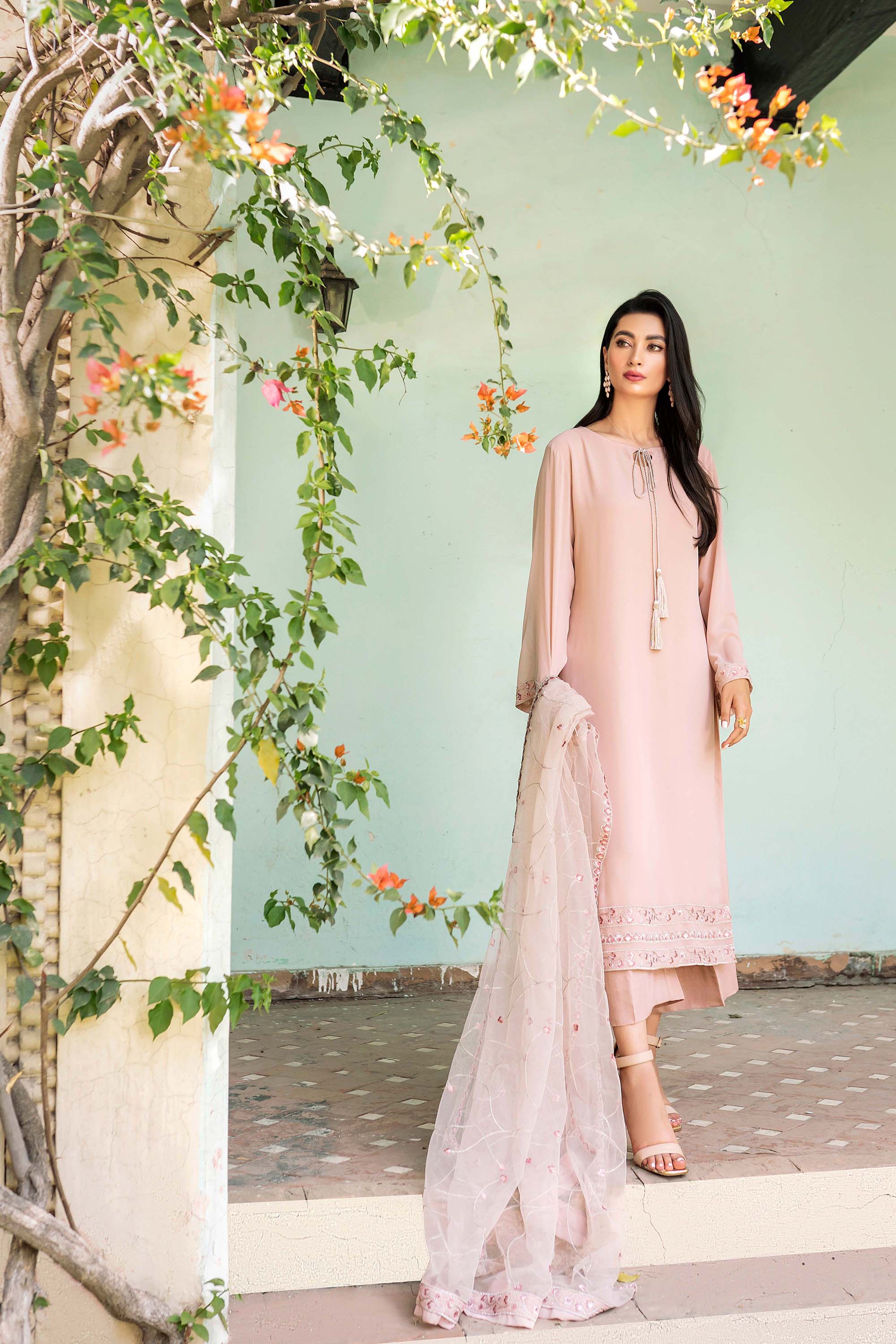 Pakistani Chai Pink Embroidered Georgette Chiffon Salwar Kameez (3-Piece) - Image 5
