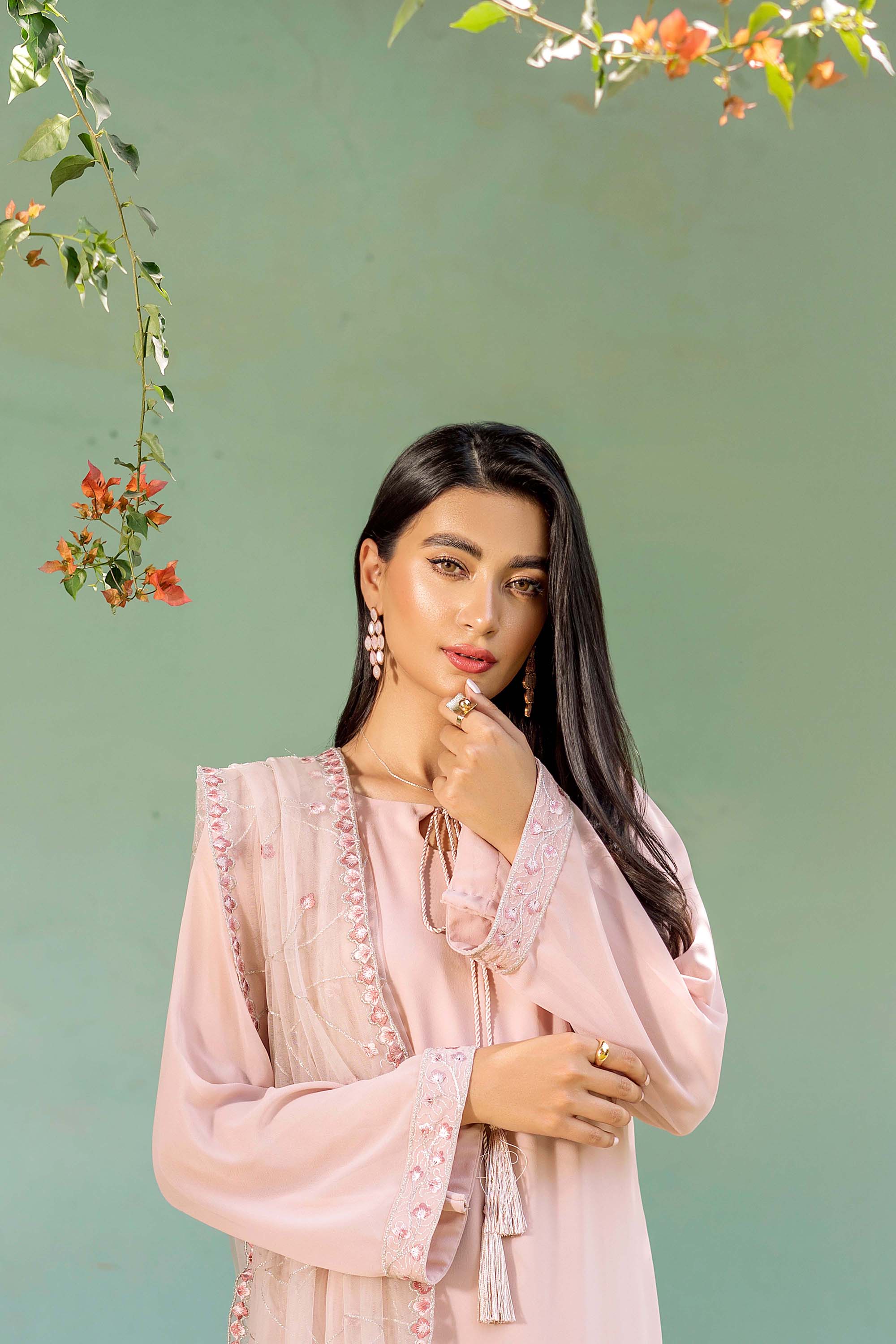 Pakistani Chai Pink Embroidered Georgette Chiffon Salwar Kameez (3-Piece) - Image 7