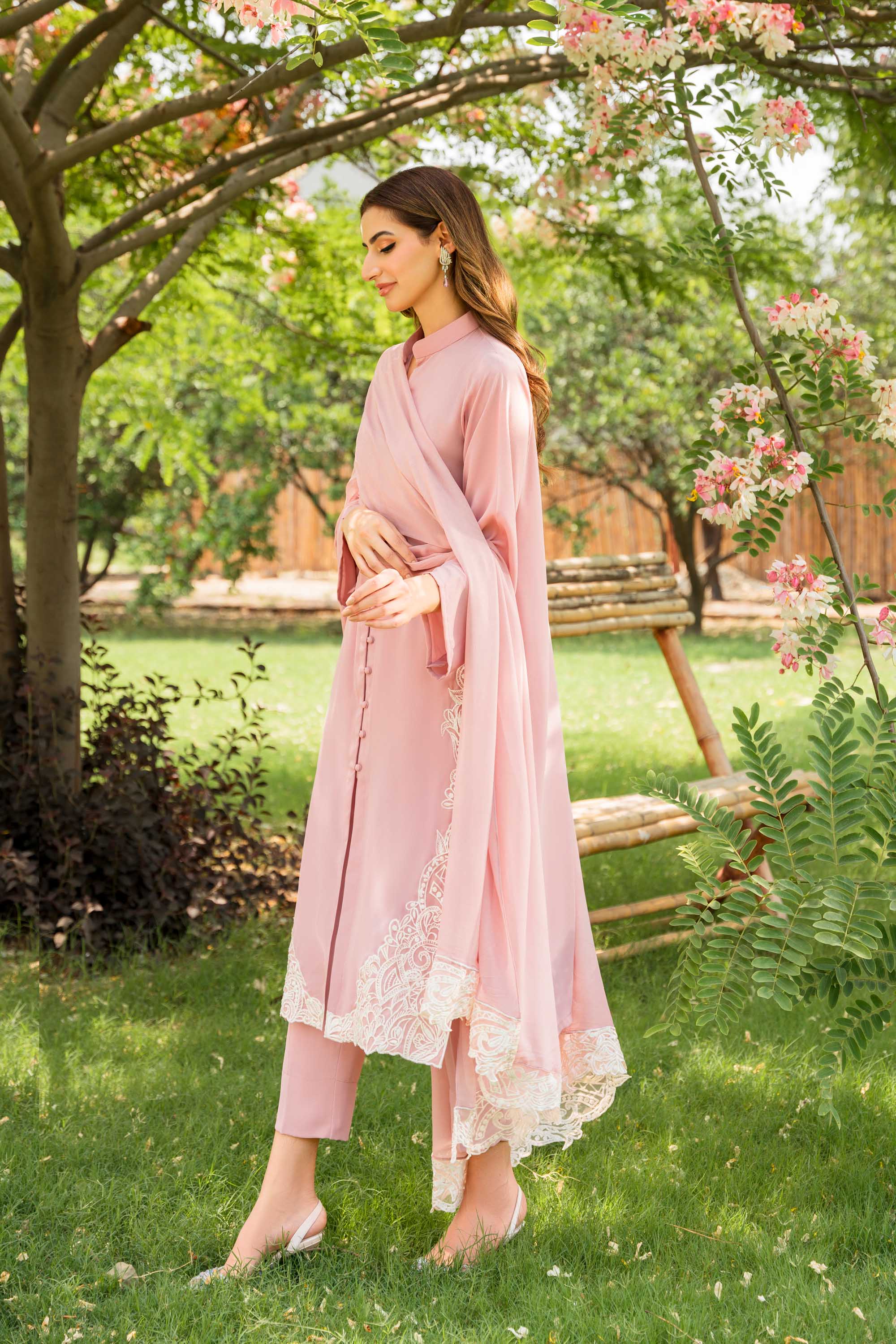 Pakistani Tea Pink Embroidered Georgette Chiffon Salwar Kameez (3-Piece) - Image 5