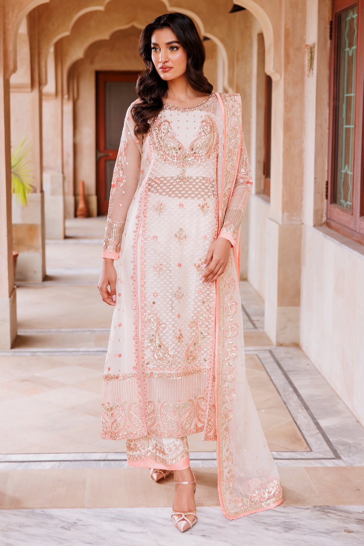 Pakistani Blush Embroidered Jacquard & Organza Salwar Kameez (3-Piece) - Image 1