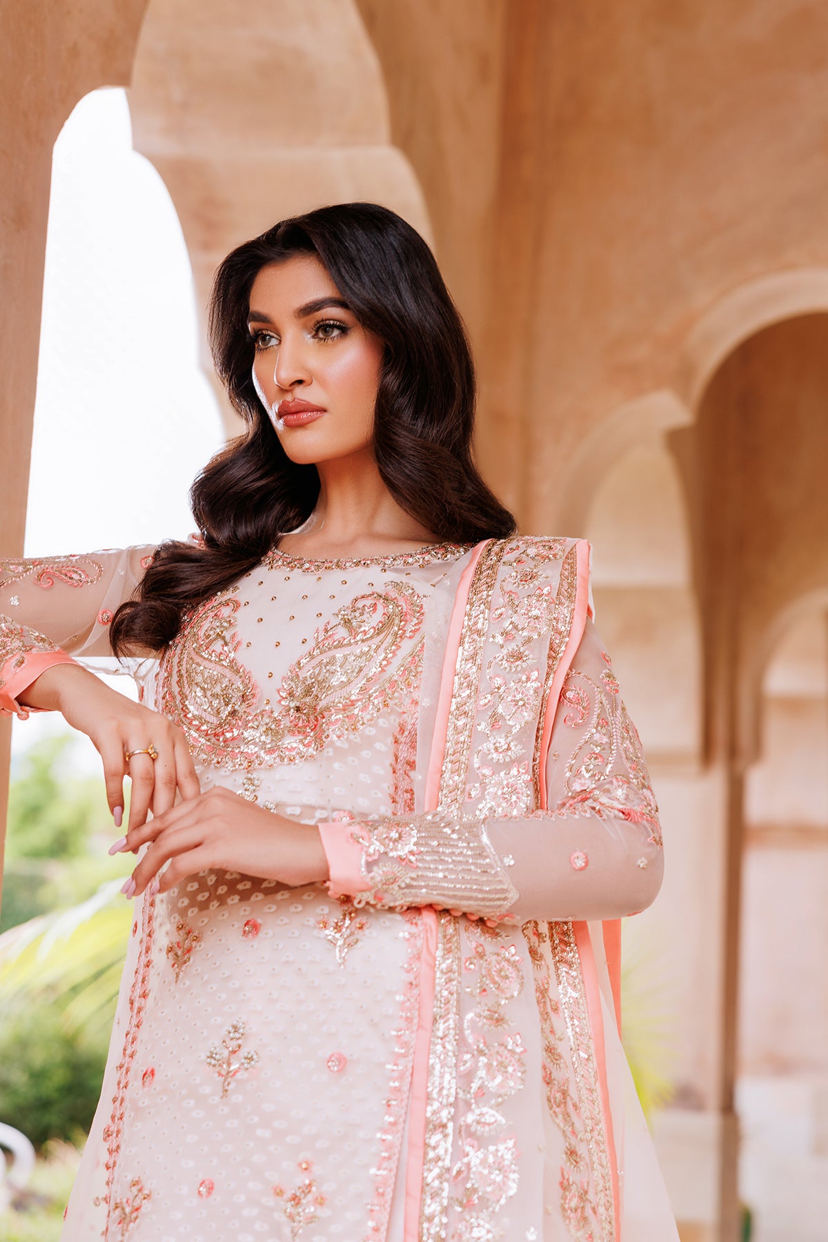 Pakistani Blush Embroidered Jacquard & Organza Salwar Kameez (3-Piece) - Image 5