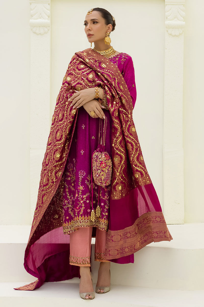 Magenta Embroidered Self Jamawar Salwar Kameez (3-Piece) - Image 1