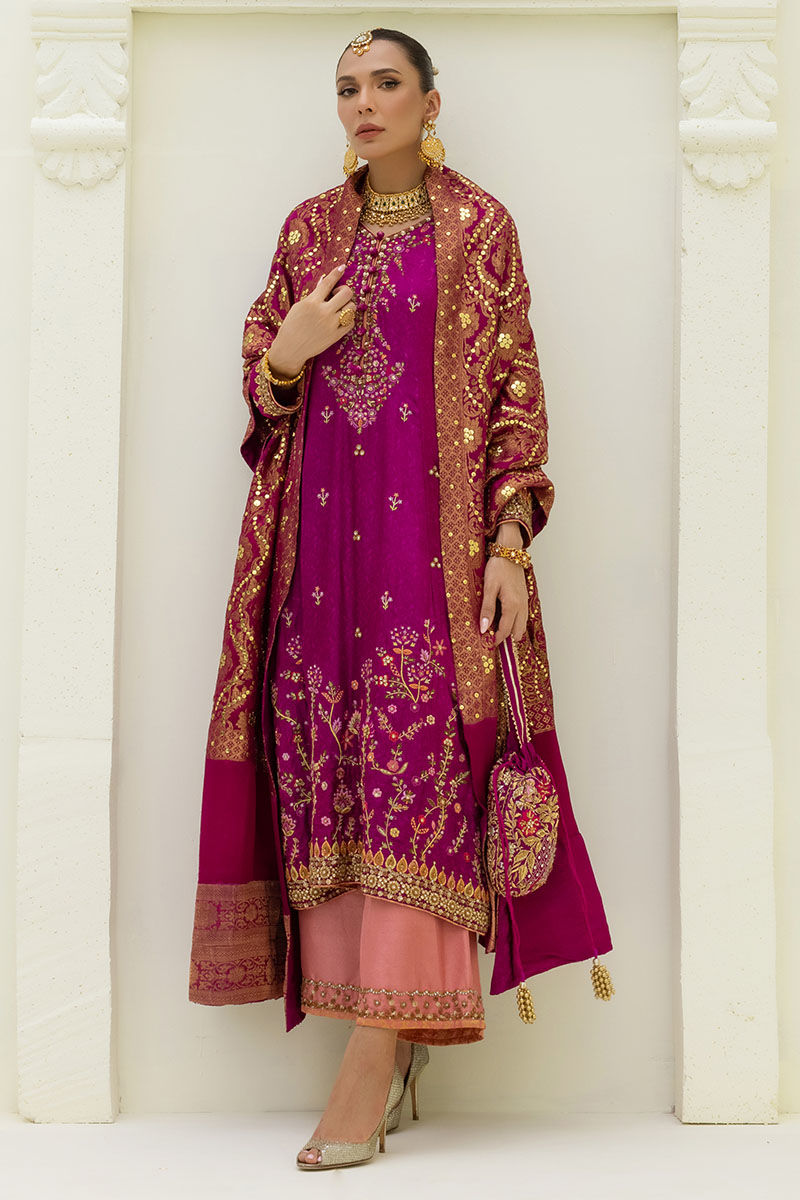 Magenta Embroidered Self Jamawar Salwar Kameez (3-Piece) - Image 3