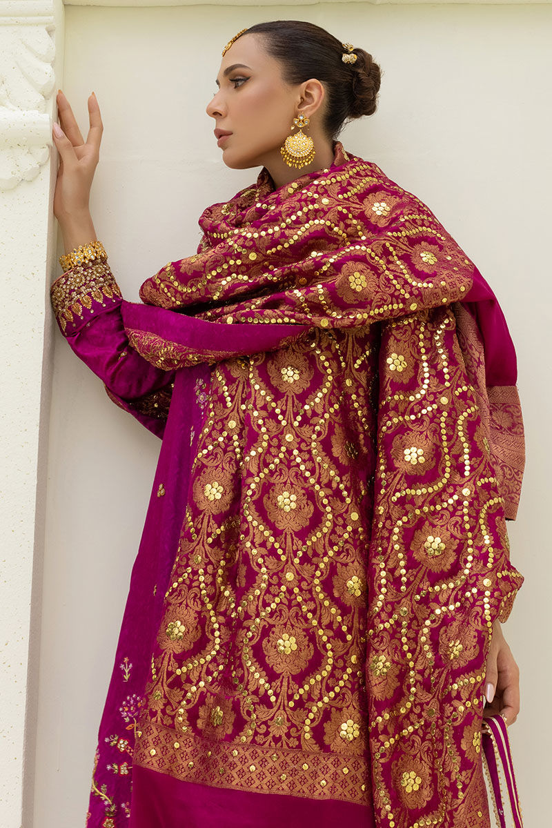 Magenta Embroidered Self Jamawar Salwar Kameez (3-Piece) - Image 4
