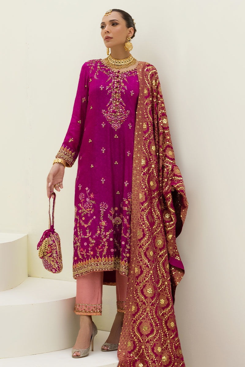 Magenta Embroidered Self Jamawar Salwar Kameez (3-Piece) - Image 5
