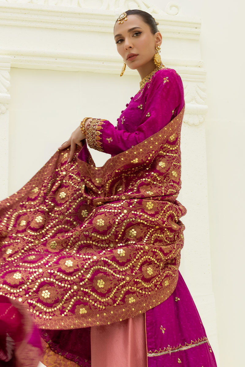 Magenta Embroidered Self Jamawar Salwar Kameez (3-Piece) - Image 6