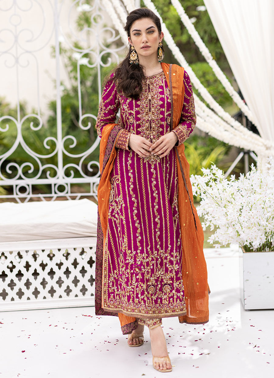 Magenta Zardozi Jamawar Silk Kurta (3-Piece) - Image 1