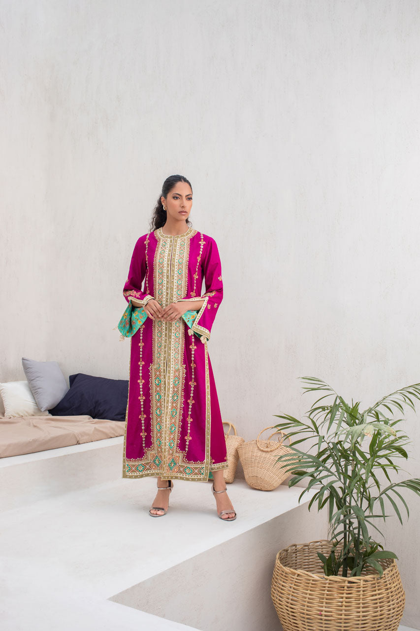 Fuschia Embroidered Jamawar Long Jacket Salwar Kameez (2-Piece) - Image 1