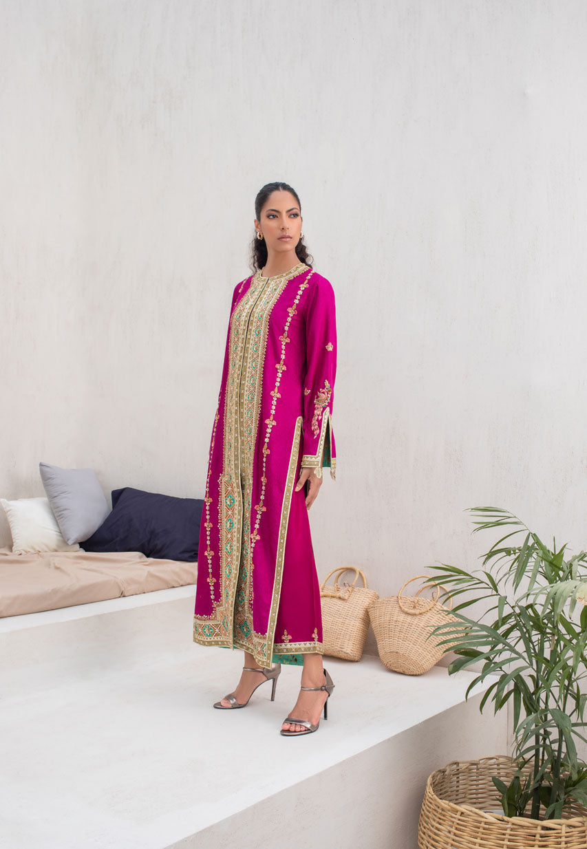 Fuschia Embroidered Jamawar Long Jacket Salwar Kameez (2-Piece) - Image 2