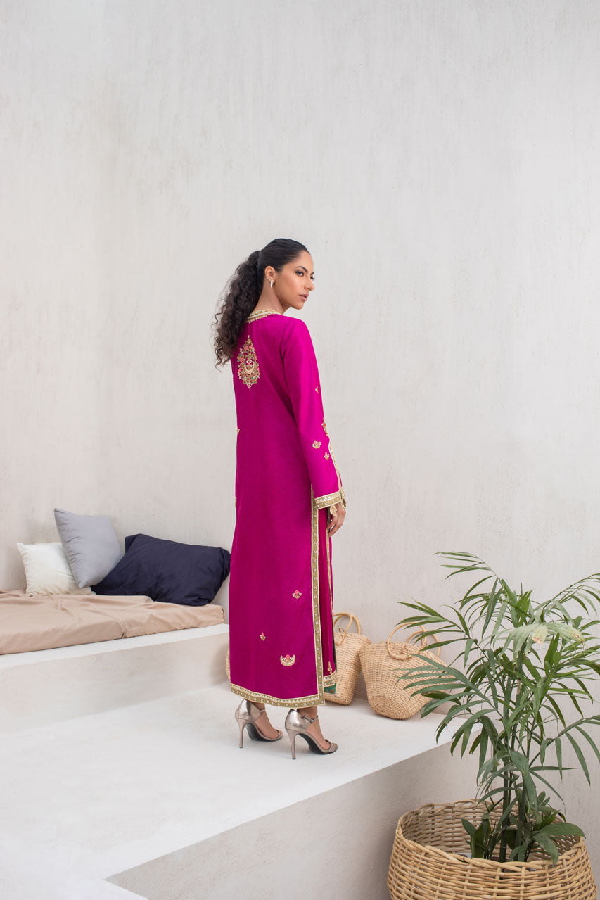 Fuschia Embroidered Jamawar Long Jacket Salwar Kameez (2-Piece) - Image 3