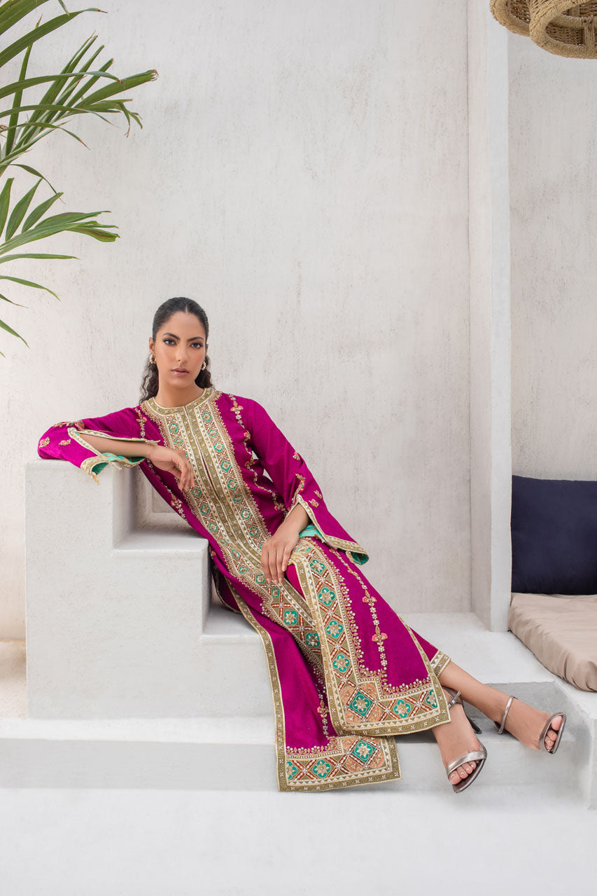 Fuschia Embroidered Jamawar Long Jacket Salwar Kameez (2-Piece) - Image 4