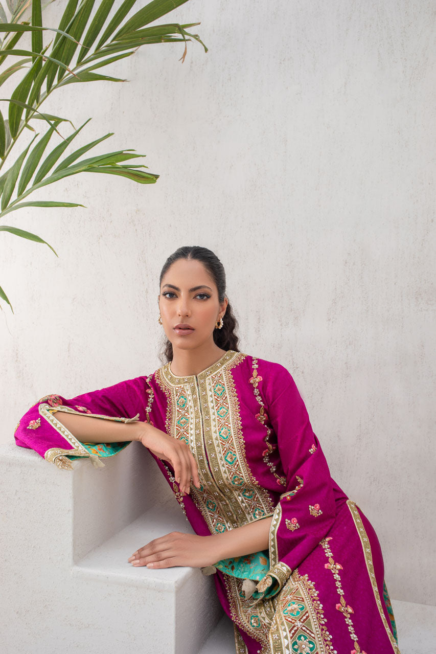 Fuschia Embroidered Jamawar Long Jacket Salwar Kameez (2-Piece) - Image 5