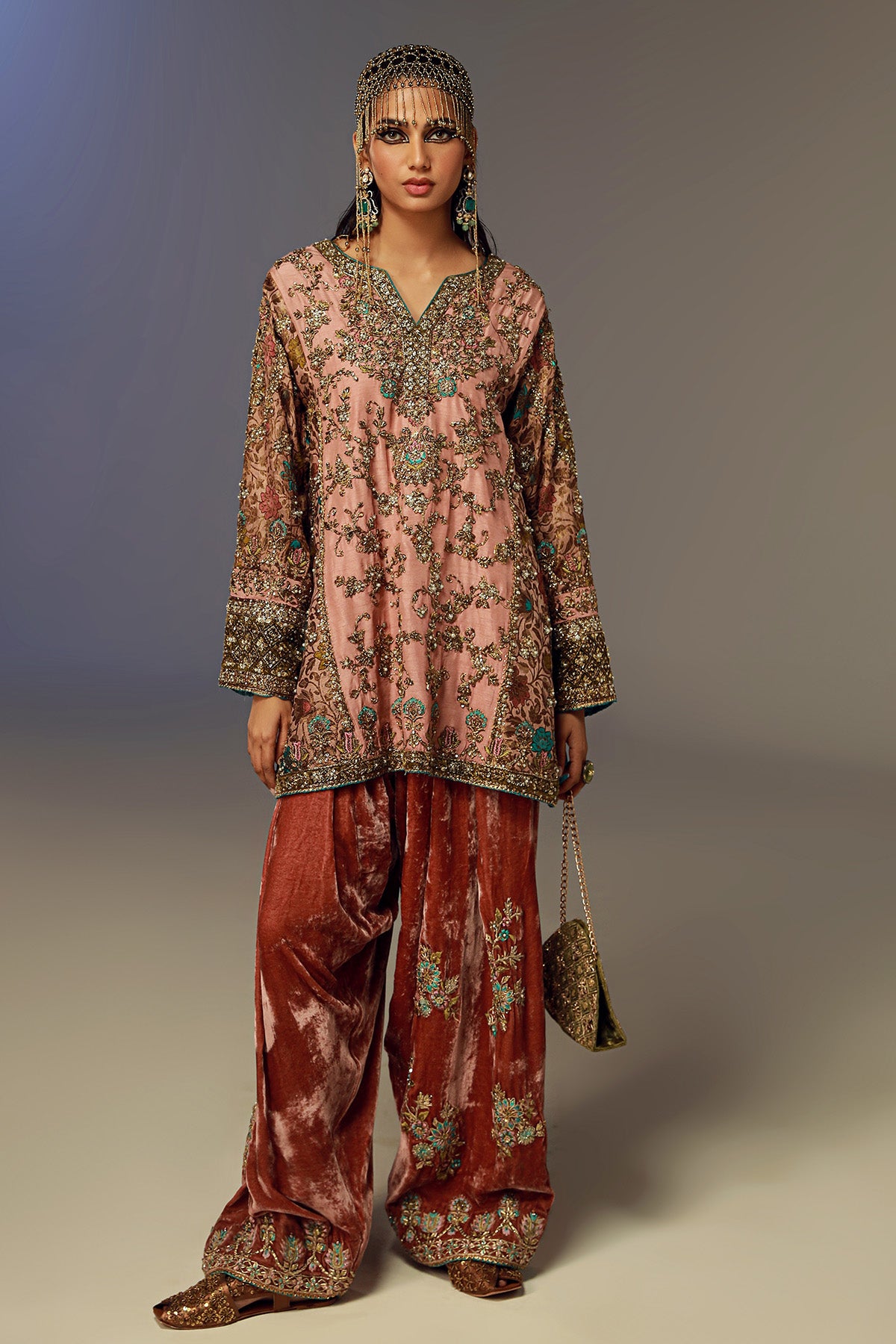 Pakistani Tea Pink Zari Jamawar Salwar Kameez (3-Piece) - Image 1