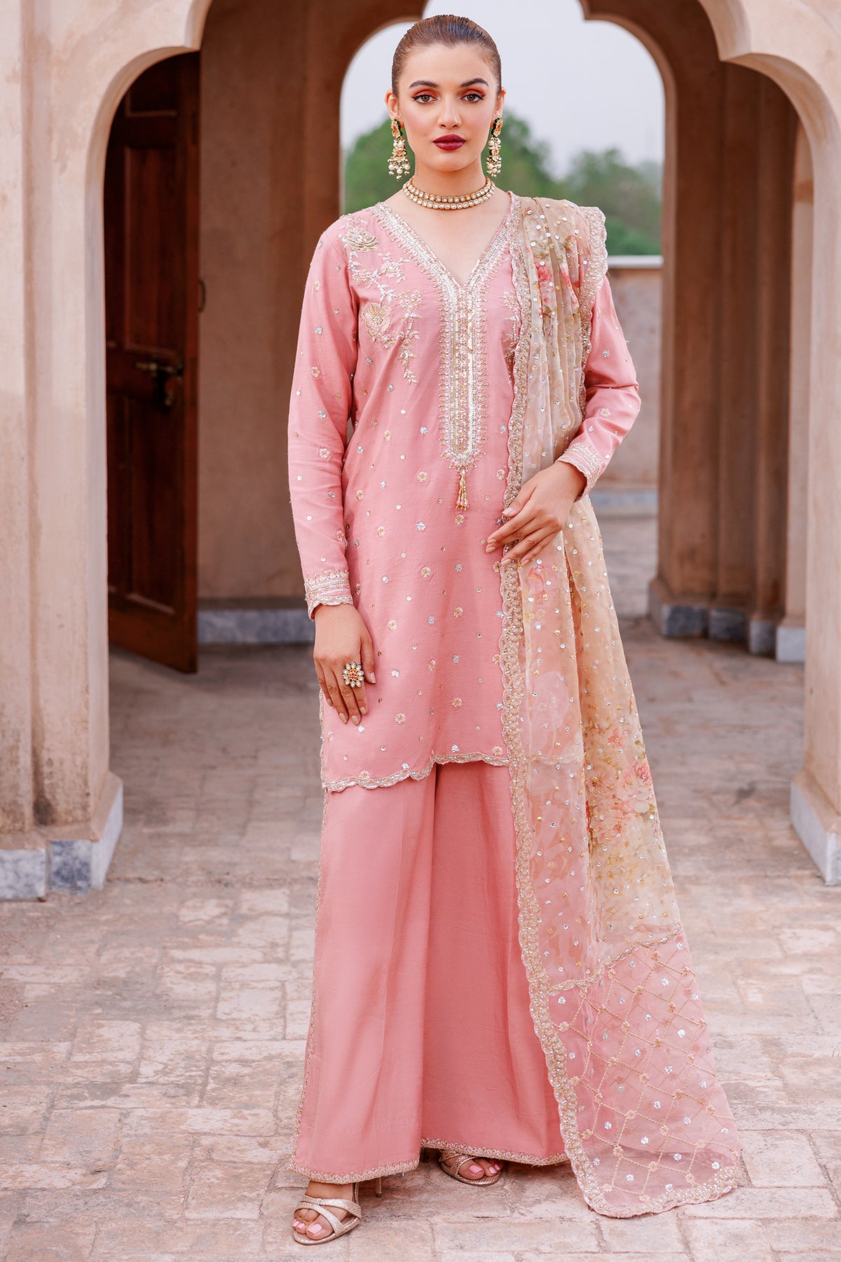 Pakistani Blush Pink Embroidered Kataan Silk Kurta Set (3-Piece) - Image 1