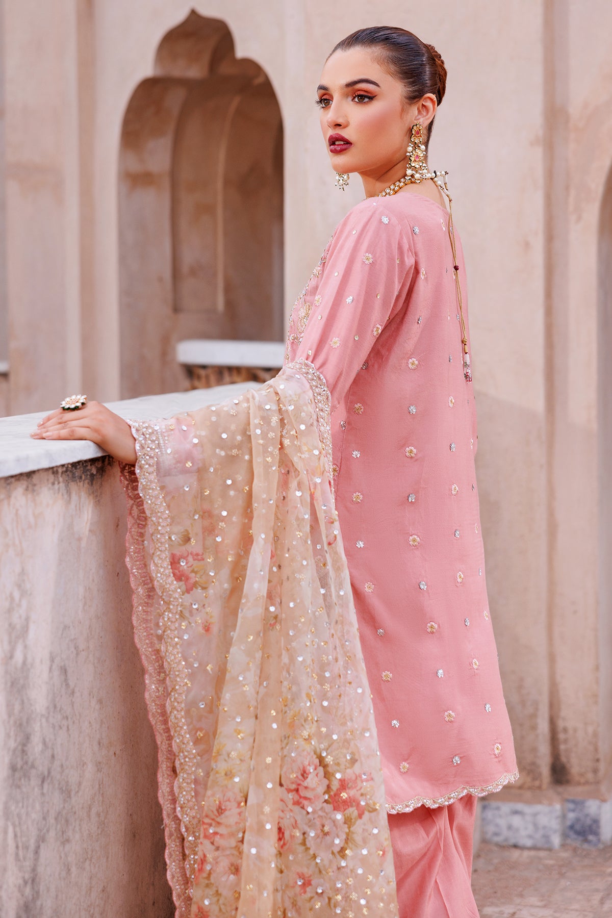 Pakistani Blush Pink Embroidered Kataan Silk Kurta Set (3-Piece) - Image 2