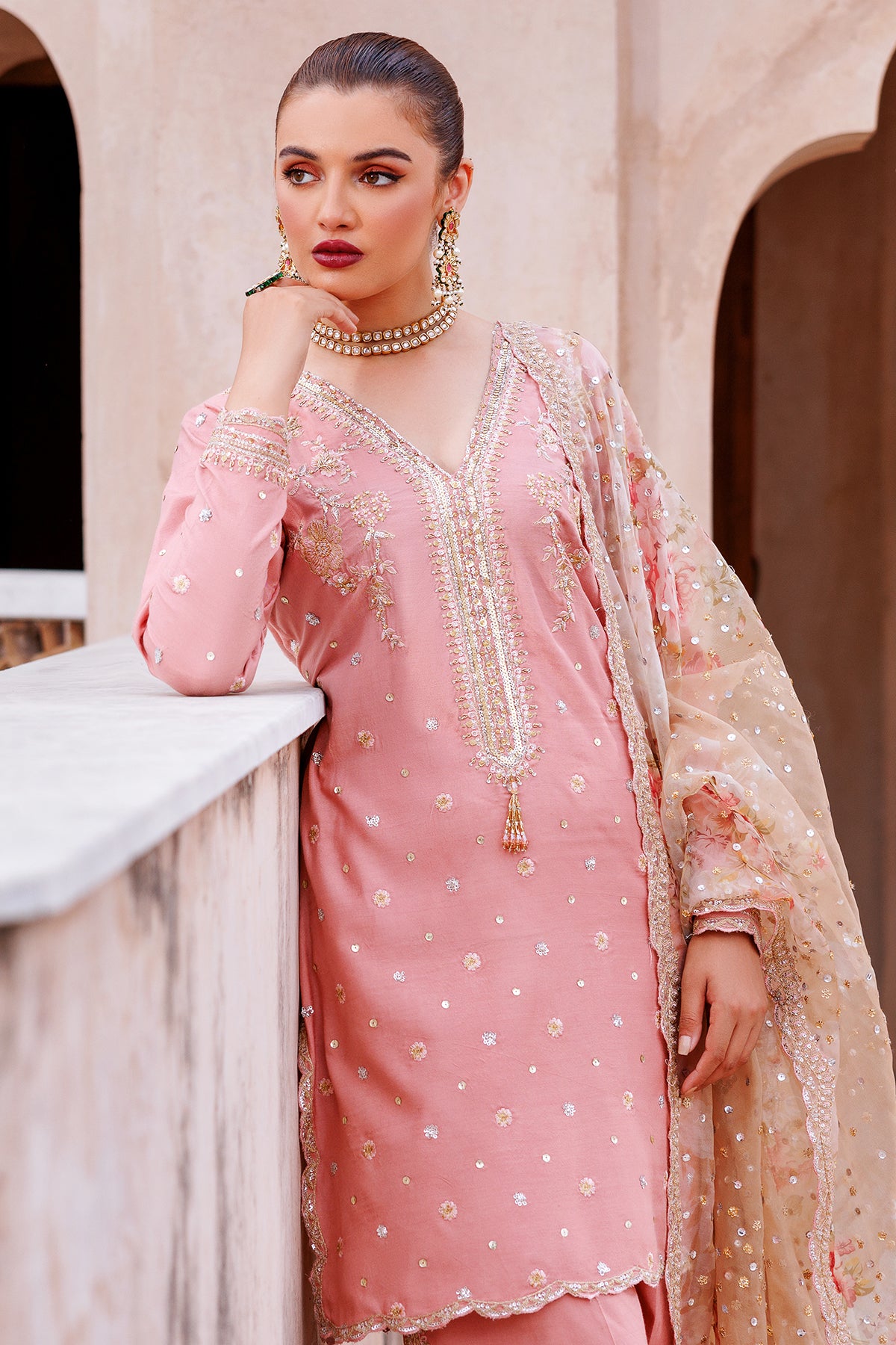 Pakistani Blush Pink Embroidered Kataan Silk Kurta Set (3-Piece) - Image 4