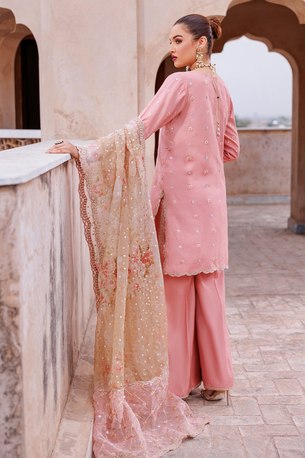Pakistani Blush Pink Embroidered Kataan Silk Kurta Set (3-Piece) - Image 5