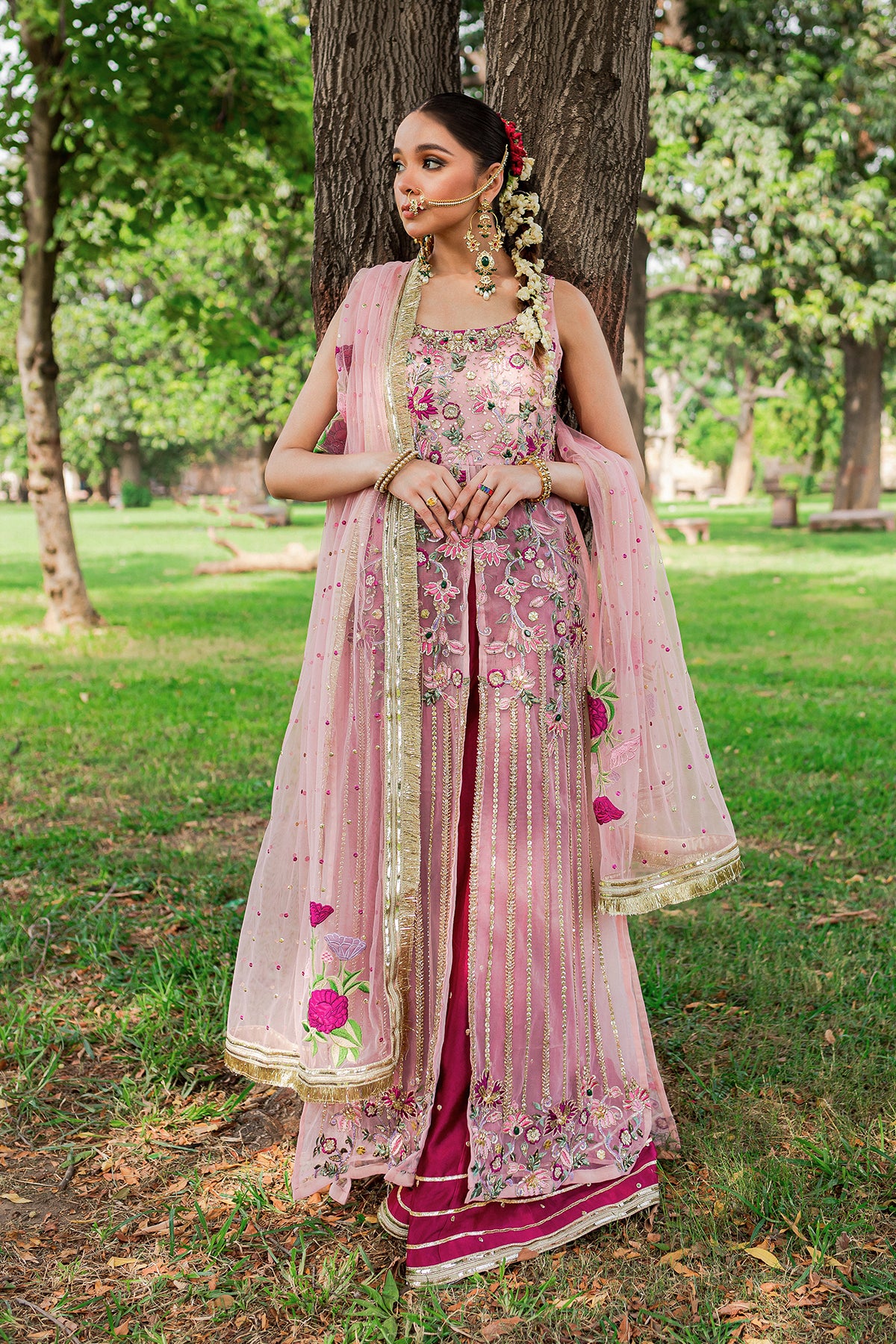 Pink Embroidered Net & Silk Salwar Kameez (3-Piece) - Image 1