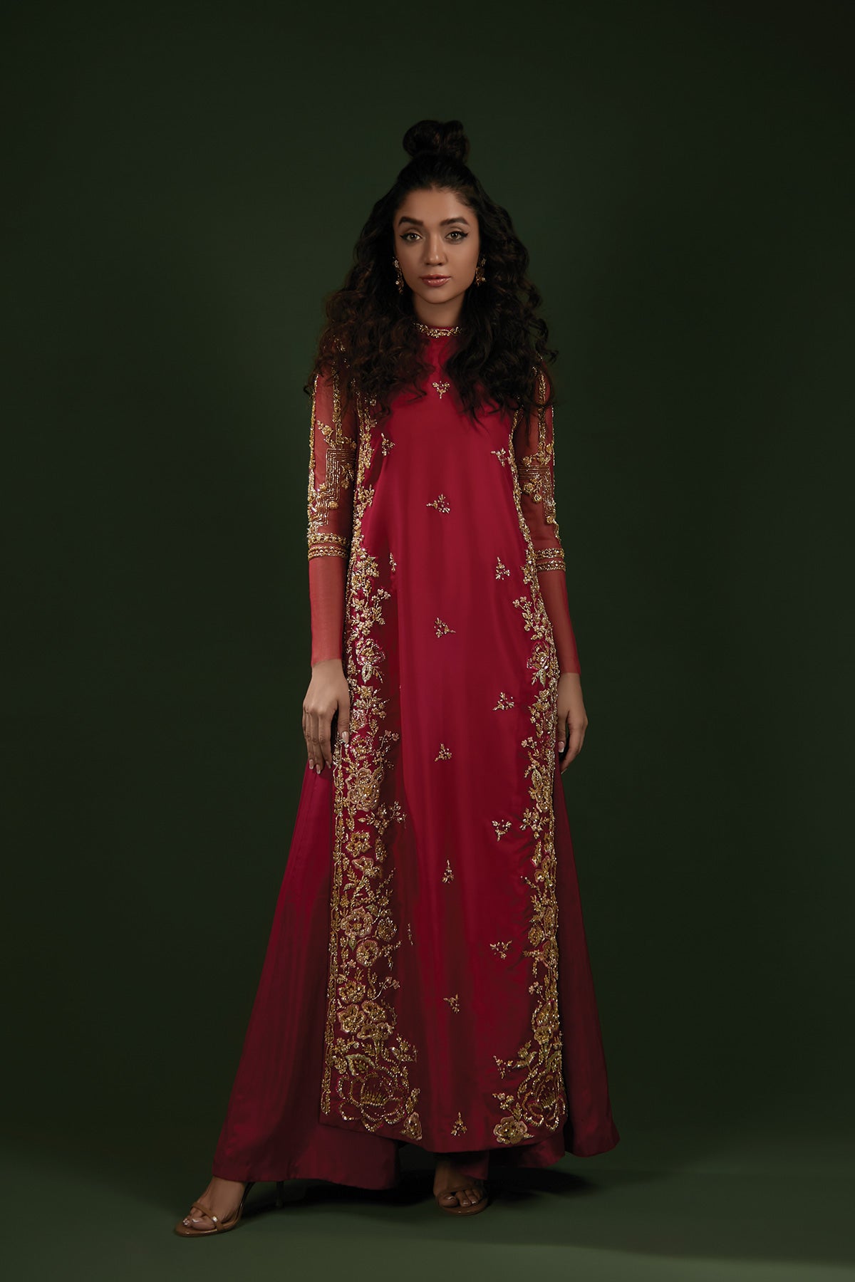 Hot Pink Zardozi Sequin Katan Silk Long Shirt (2-Piece) - Image 1