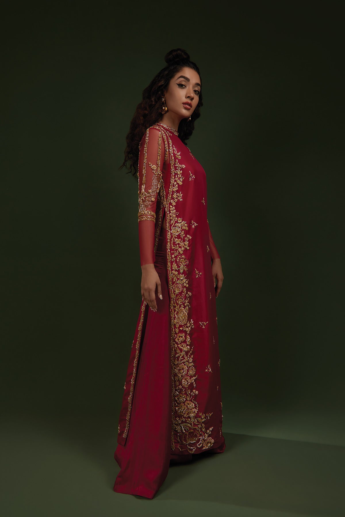 Hot Pink Zardozi Sequin Katan Silk Long Shirt (2-Piece) - Image 2