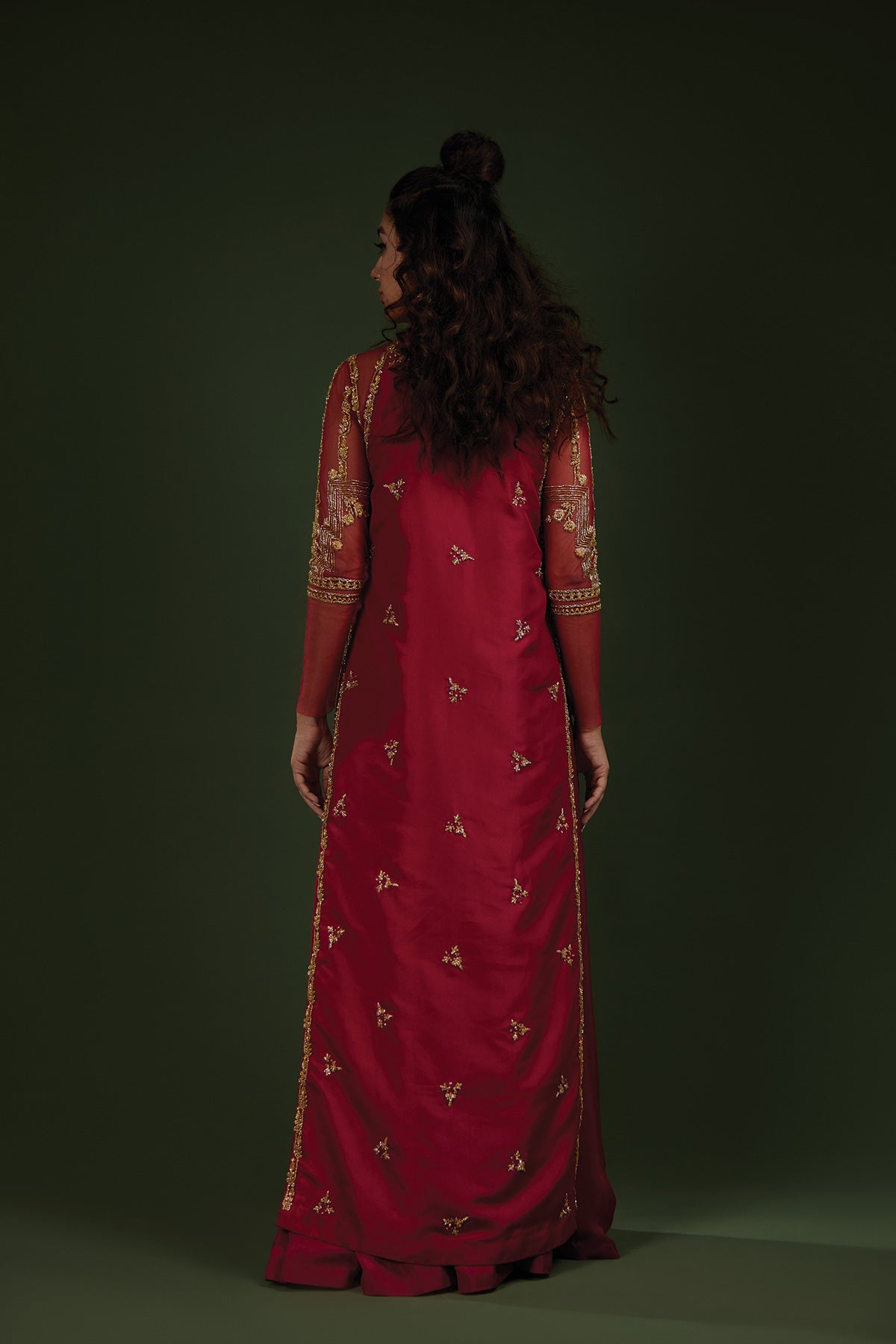 Hot Pink Zardozi Sequin Katan Silk Long Shirt (2-Piece) - Image 3