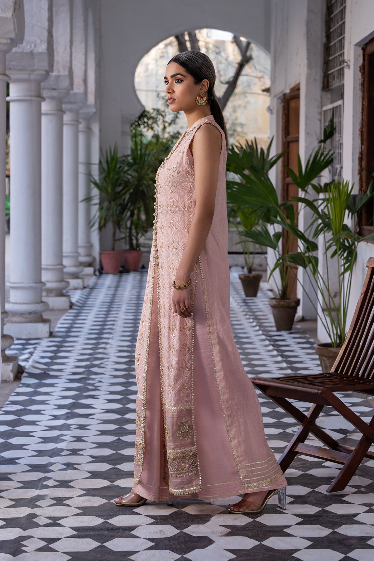 Pakistani Blush Pink Embroidered Khaadi Net & Silk Long Jacket (2-Piece) - Image 1