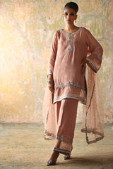 Peach Pink Embroidered Khaadi Net & Silk Salwar Kameez (3-Piece) - Image 2