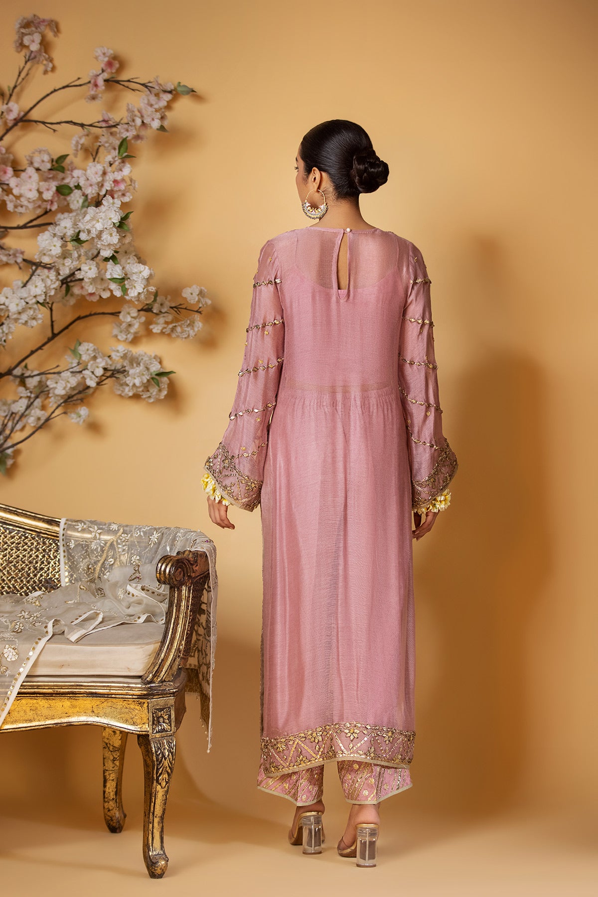 Pink Gota Embroidered Khaadi Net Long Shirt (2-Piece) - Image 3