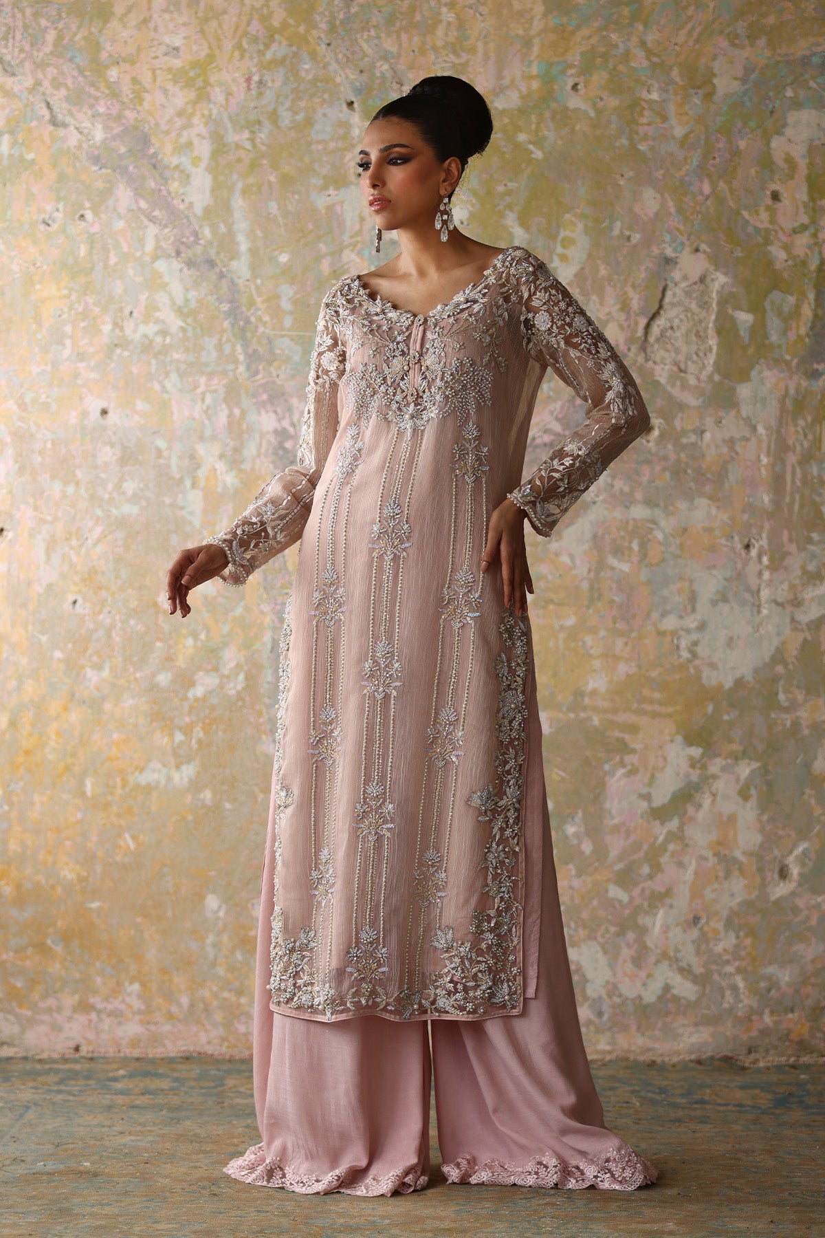 Pakistani Blush Pink Embellished Khaadi Net & Silk Salwar Kameez (2-Piece) - Image 1