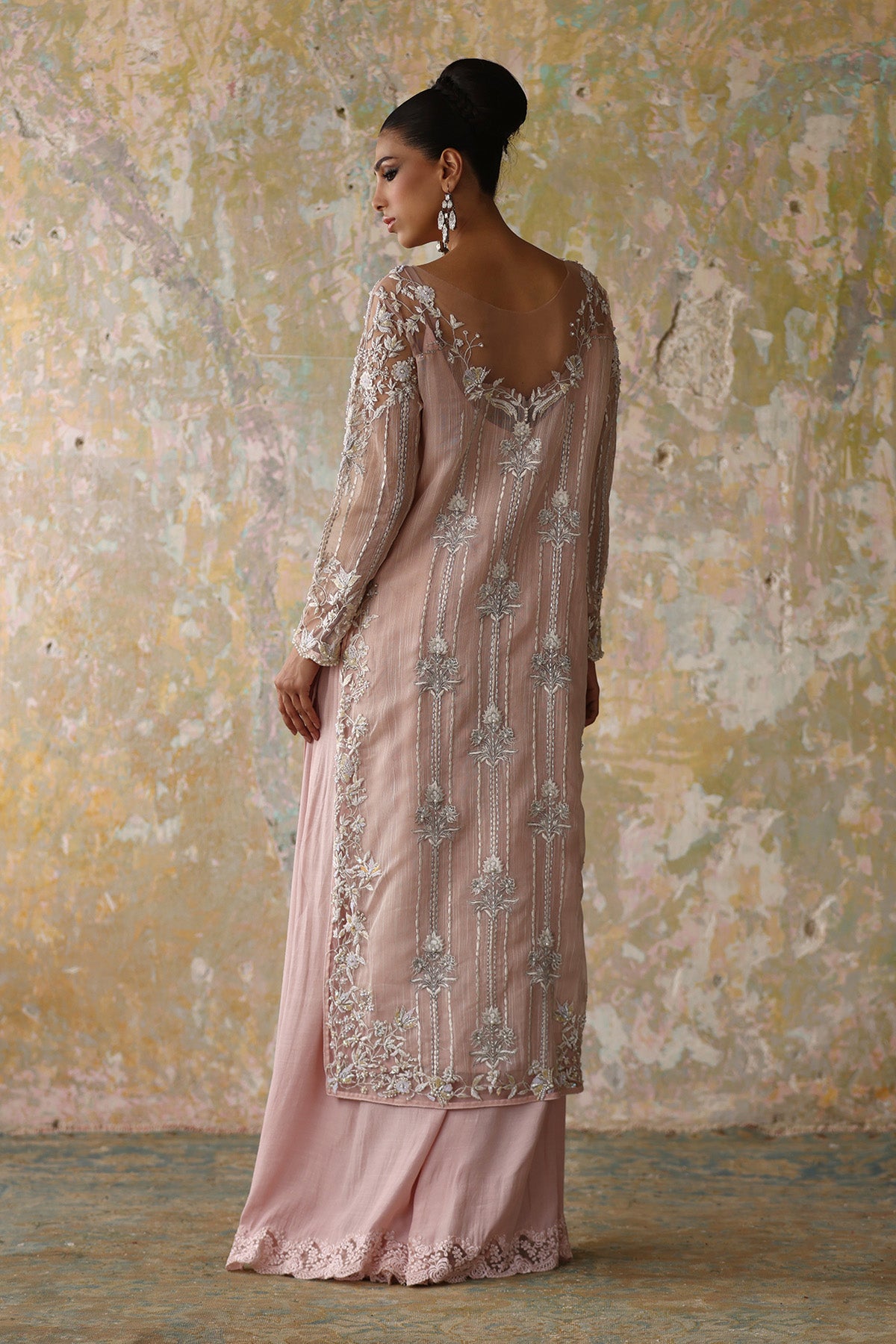 Pakistani Blush Pink Embellished Khaadi Net & Silk Salwar Kameez (2-Piece) - Image 3