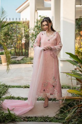Pakistani Pastel Pink Embroidered Khadi Net Salwar Kameez (3-Piece) - Image 2