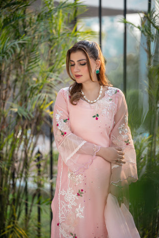 Pakistani Pastel Pink Embroidered Khadi Net Salwar Kameez (3-Piece) - Image 3
