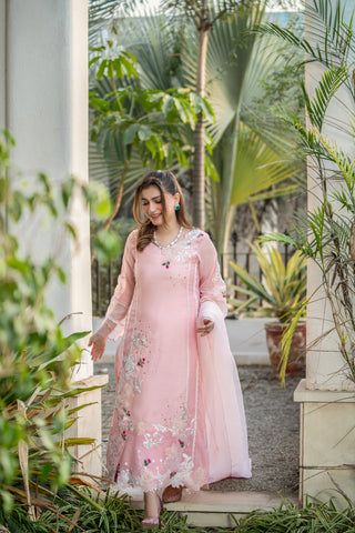 Pakistani Pastel Pink Embroidered Khadi Net Salwar Kameez (3-Piece) - Image 4