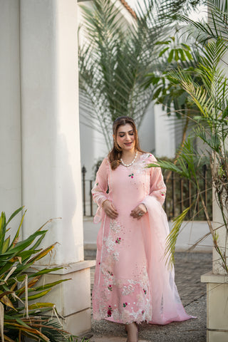 Pakistani Pastel Pink Embroidered Khadi Net Salwar Kameez (3-Piece) - Image 5