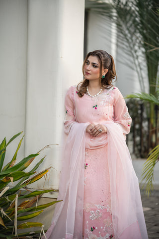 Pakistani Pastel Pink Embroidered Khadi Net Salwar Kameez (3-Piece) - Image 6