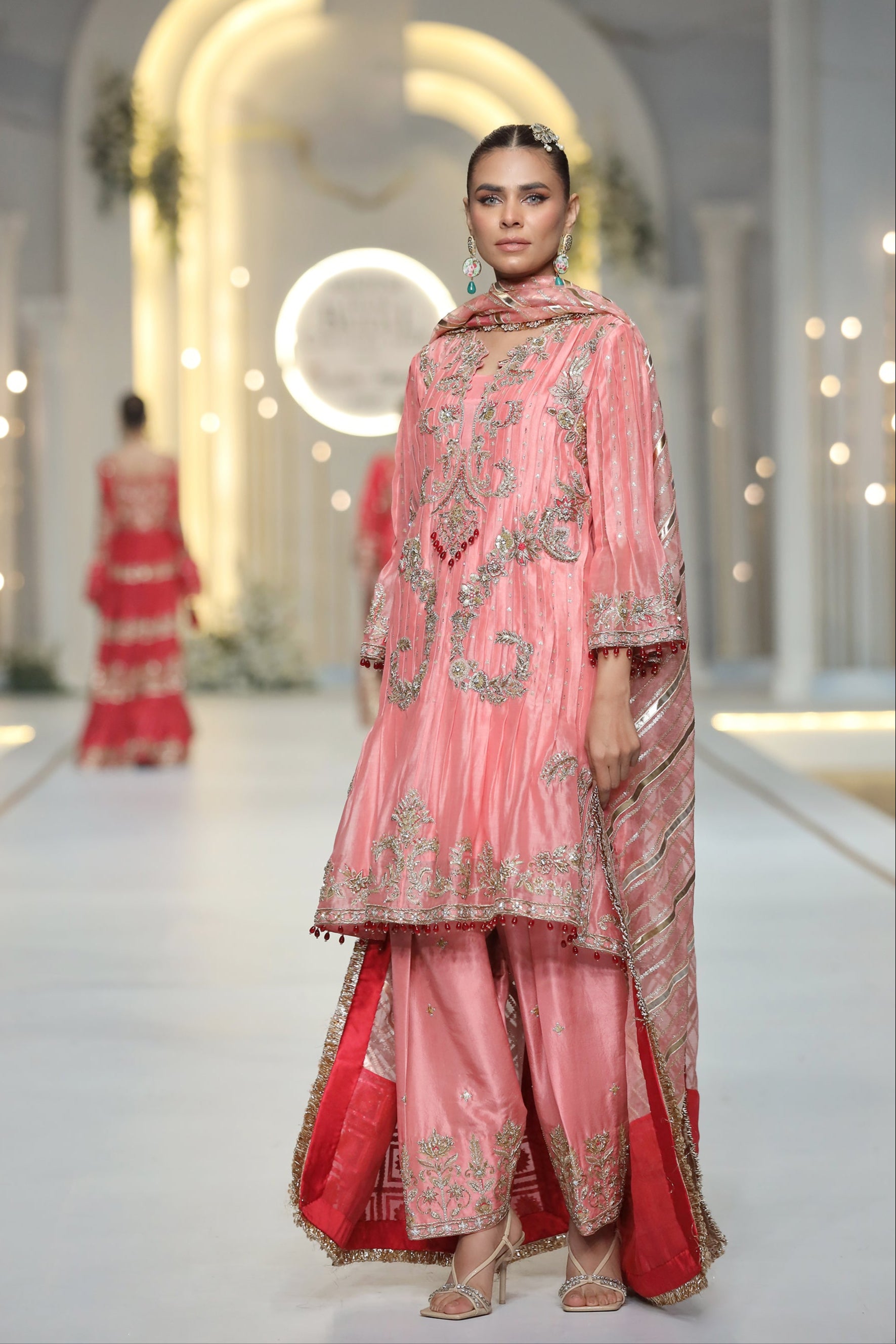 Pakistani Peach Embroidered Khadi Silk Salwar Kameez (3-Piece) - Image 2