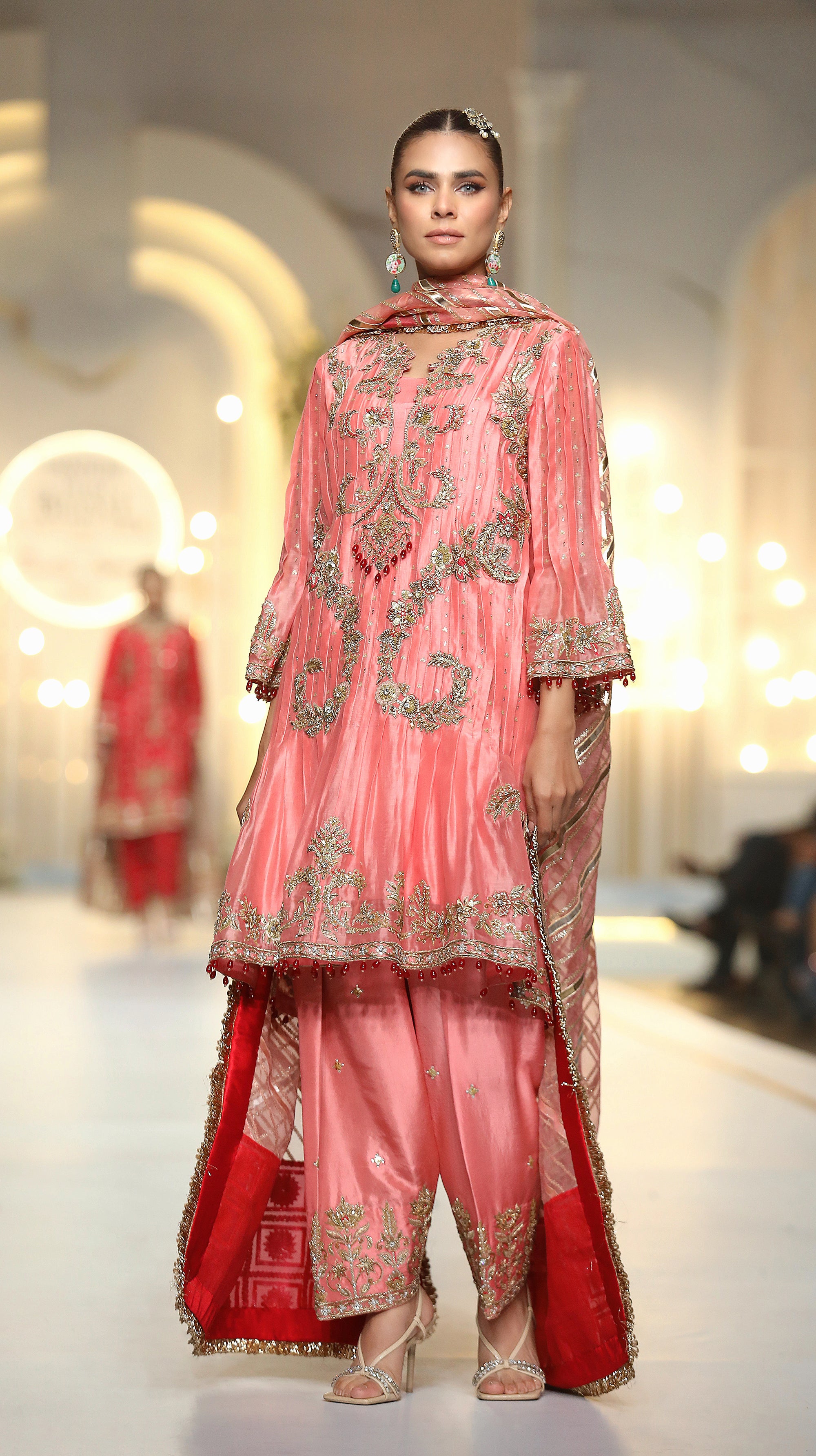 Pakistani Peach Embroidered Khadi Silk Salwar Kameez (3-Piece) - Image 3