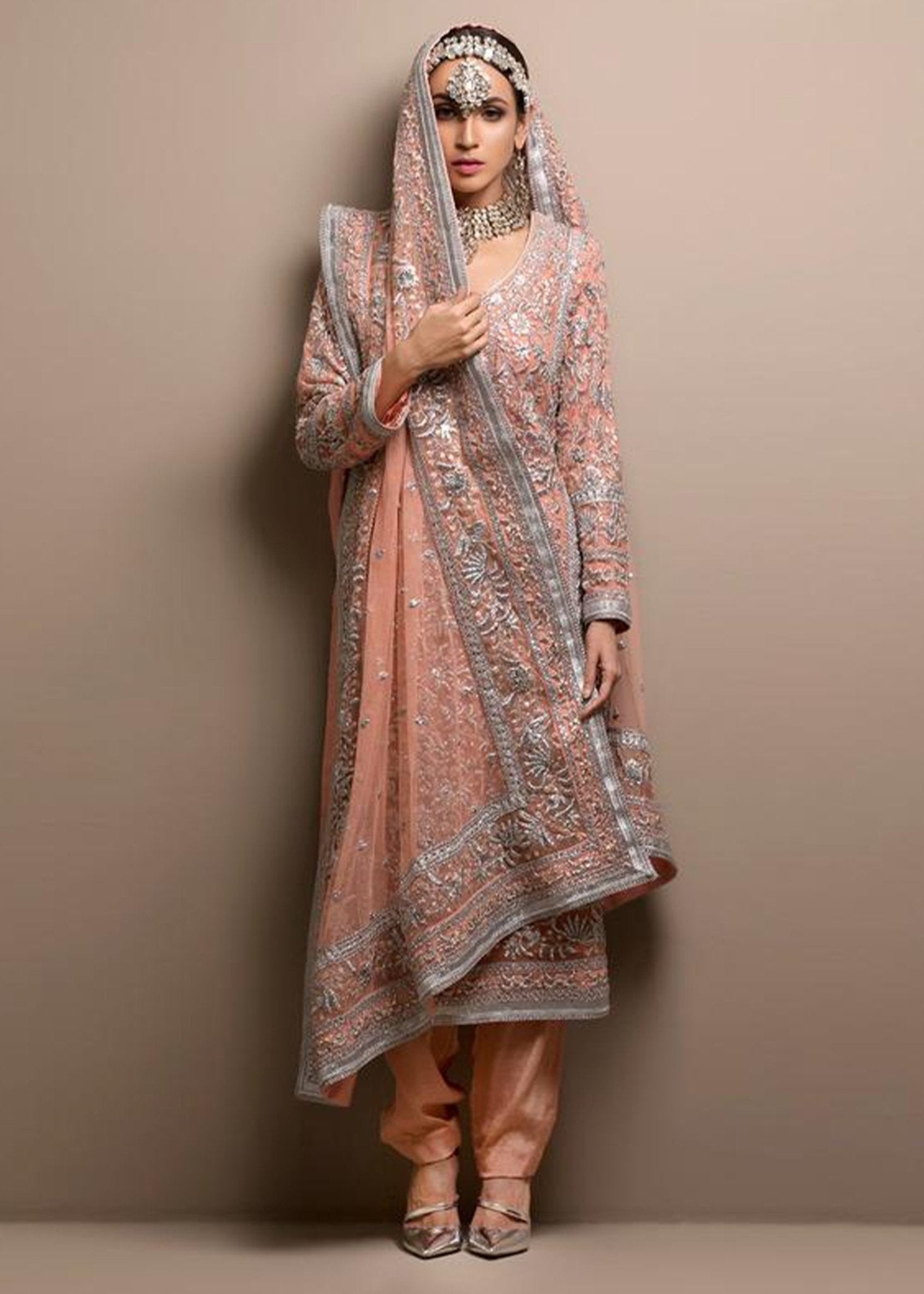 Soft Pink Gara Embroidered Korean Net Kurta Set (3-Piece) - Image 1