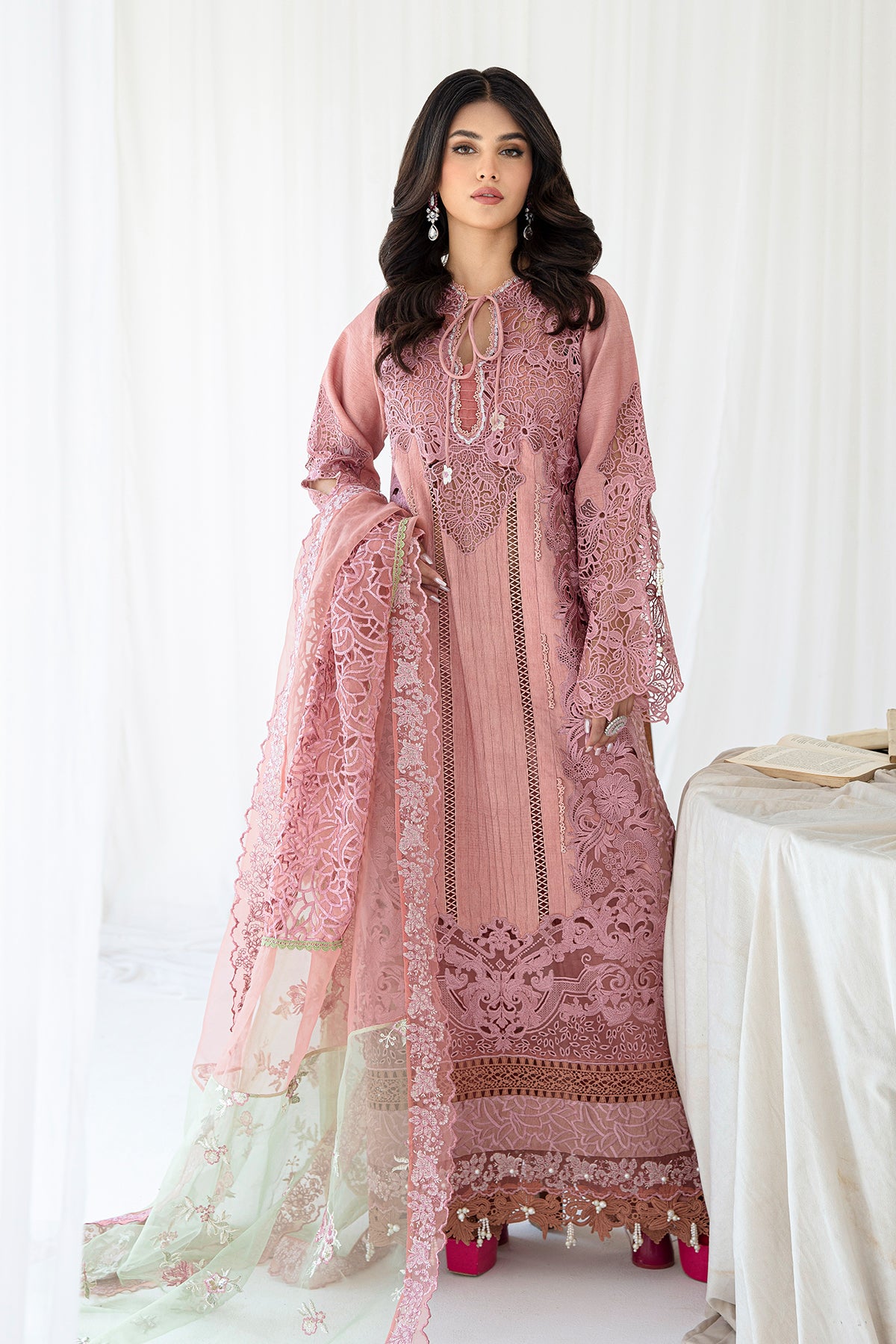 Pakistani Dusty Rose Embroidered Korean Raw Silk Salwar Kameez (3-Piece) - Image 1