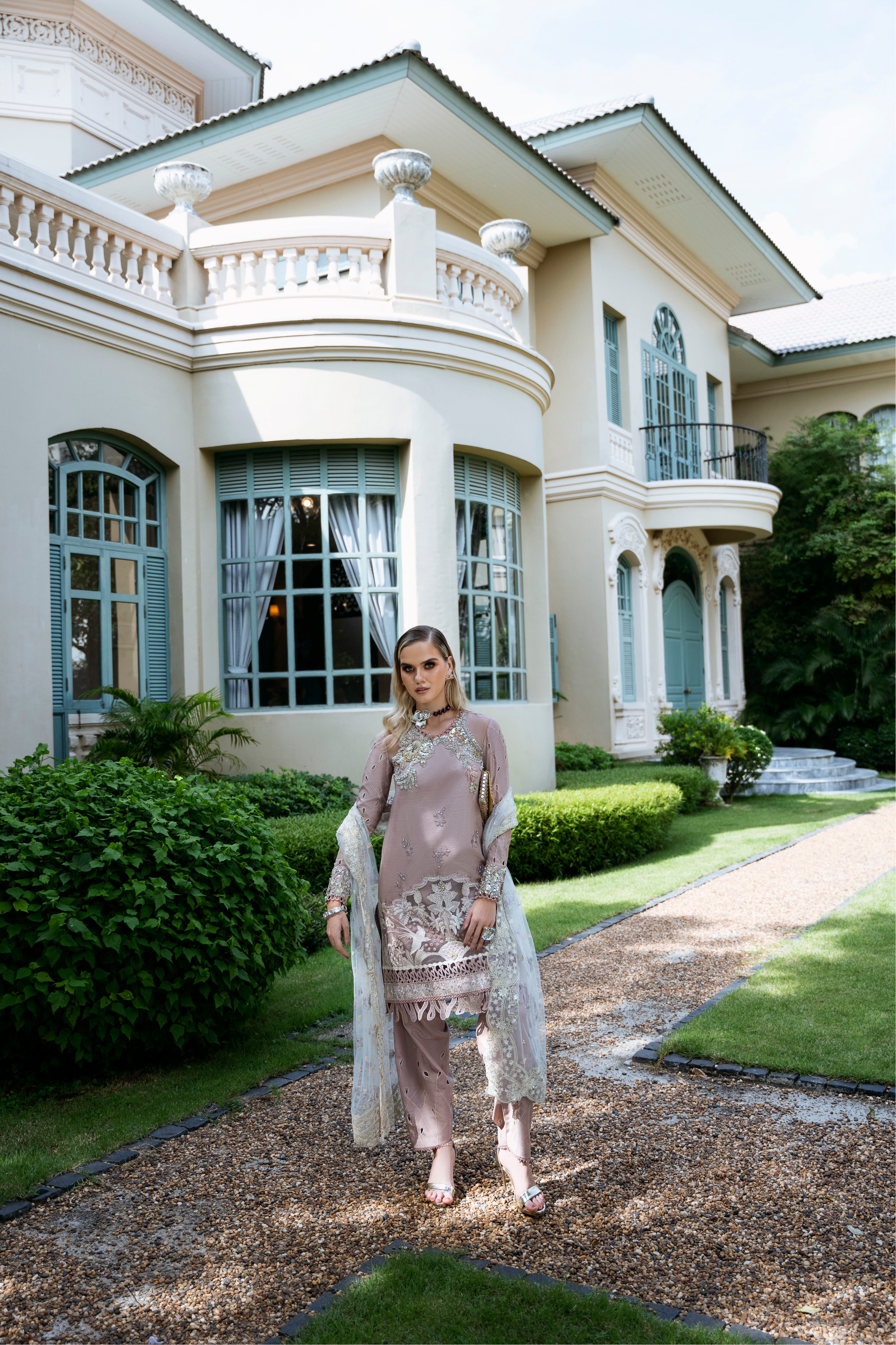 Pakistani Dusty Mauve Embroidered Korean Raw Silk Salwar Kameez (3-Piece) - Image 1