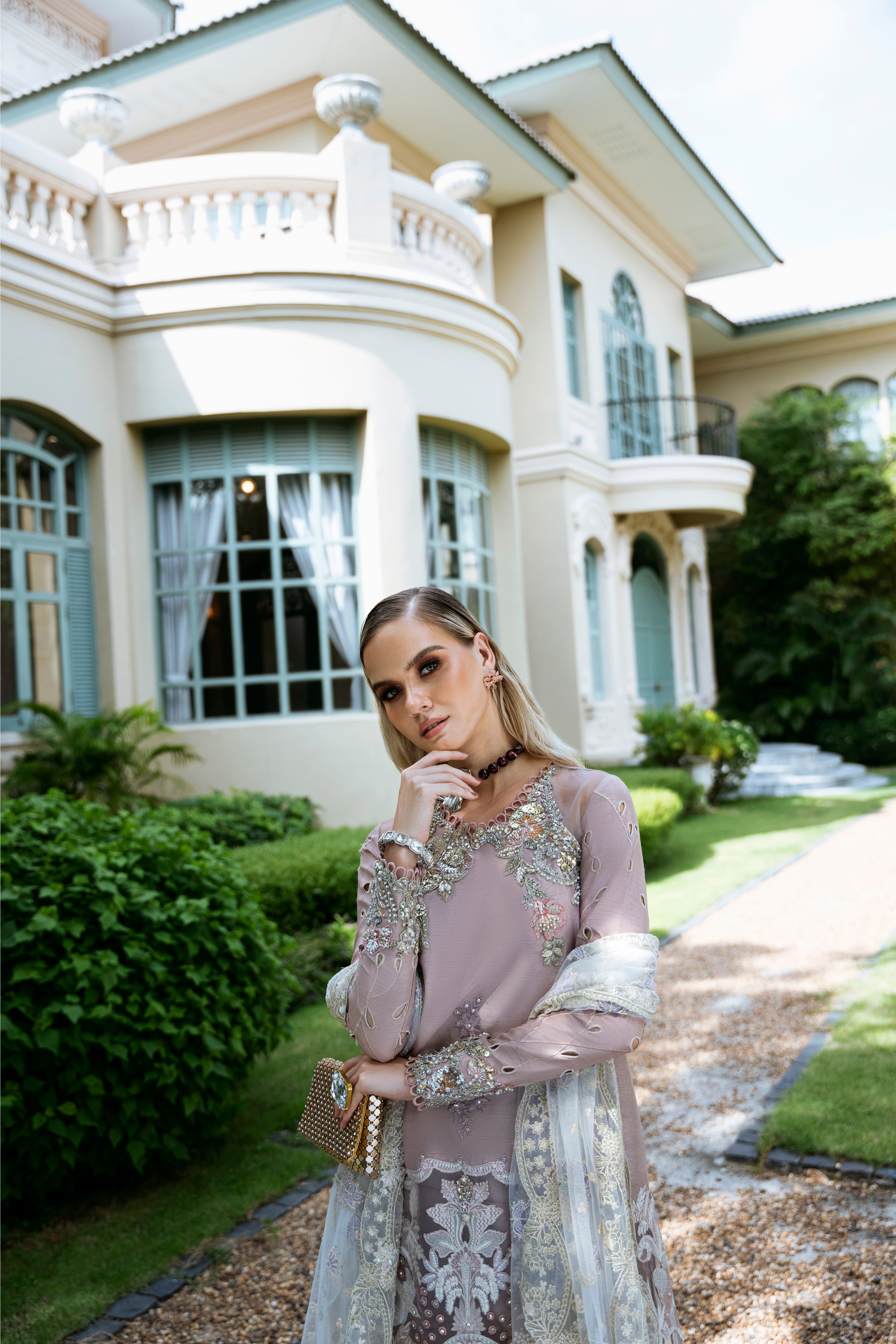 Pakistani Dusty Mauve Embroidered Korean Raw Silk Salwar Kameez (3-Piece) - Image 2