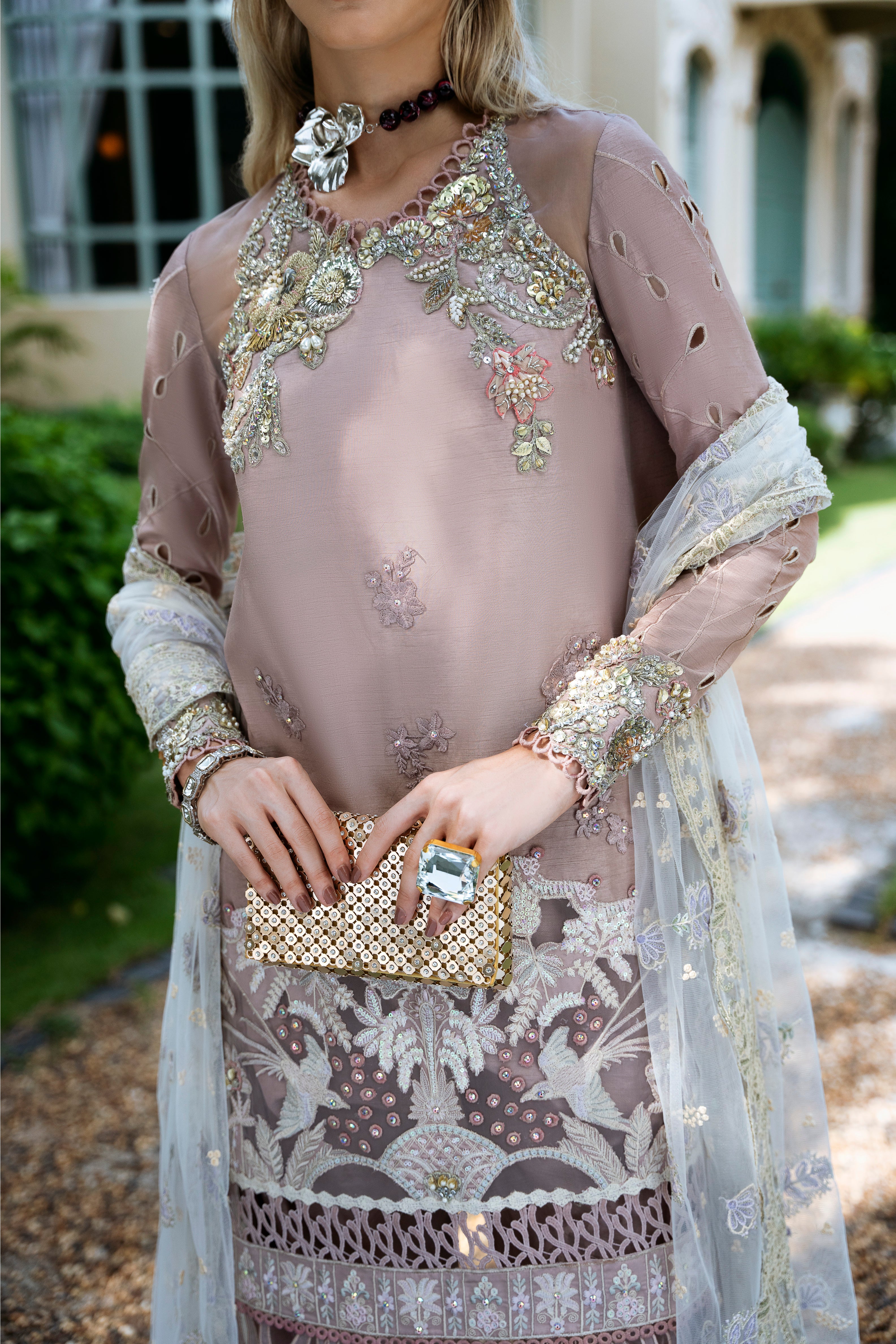 Pakistani Dusty Mauve Embroidered Korean Raw Silk Salwar Kameez (3-Piece) - Image 3