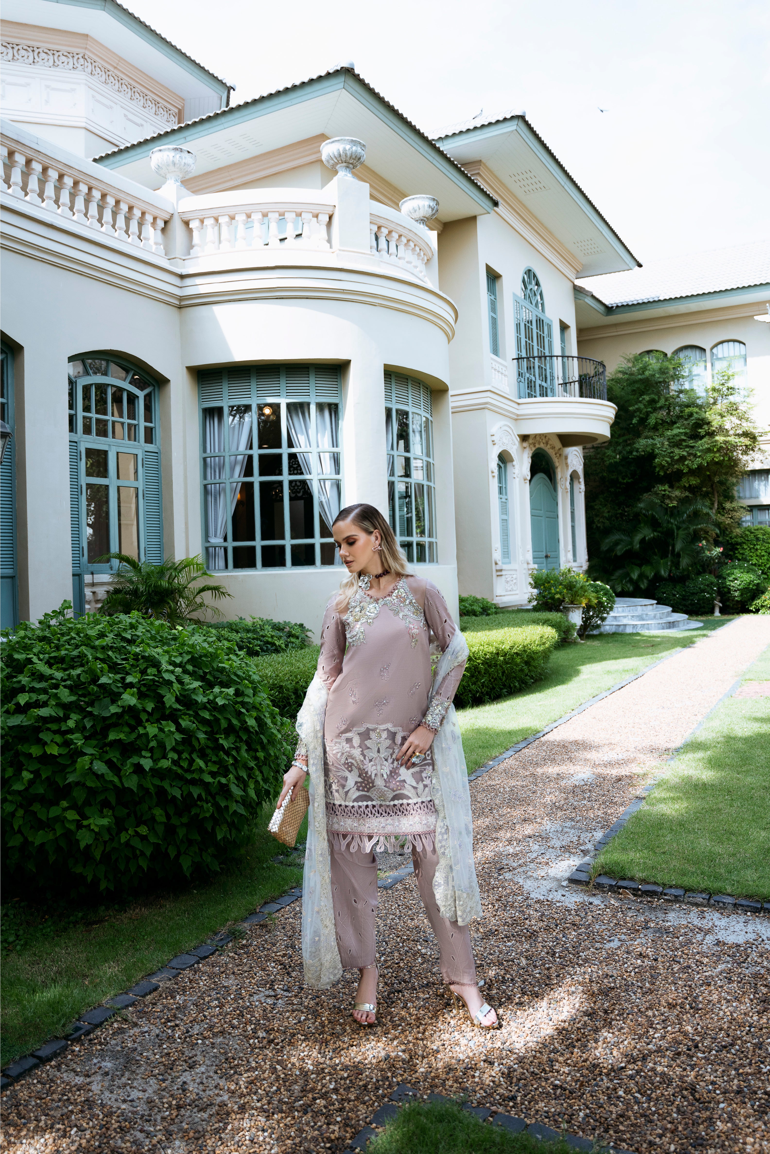 Pakistani Dusty Mauve Embroidered Korean Raw Silk Salwar Kameez (3-Piece) - Image 5