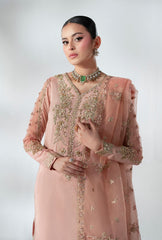 Pakistani Peach Embroidered Korean Raw Silk Salwar Kameez (3-Piece) - Image 3