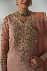 Pakistani Peach Embroidered Korean Raw Silk Salwar Kameez (3-Piece) - Image 7