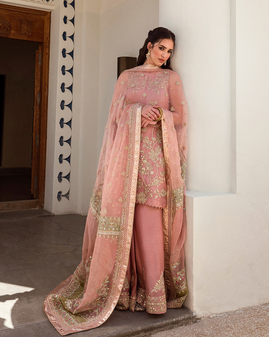 Seashell Pink Gota Tilla Silk Salwar Kameez (3-Piece) - Image 1