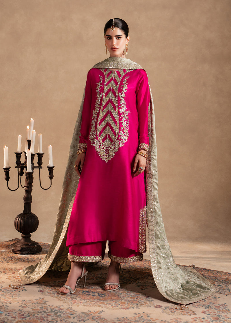 Hot Pink Hand-Worked Korean Raw Silk Salwar Kameez (3-Piece) - Image 1